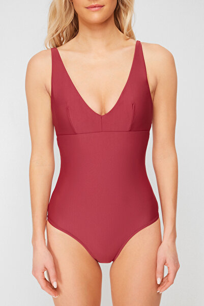 Trendyol Collection Claret Red V-Neck Recovery Regular Swimsuit TBESS24MA00084