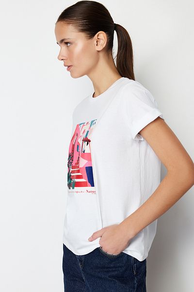 Trendyol Collection White 100% Cotton Landscape Printed Regular/Normal Fit Knitted T-Shirt TWOSS24TS00035