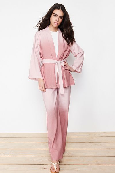 Trendyol Modest Purple Linen Look Woven Kimono Trousers Bottom Top Set TCTSS24US00025