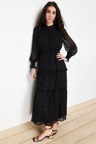 Trendyol Modest Černé rukávy a lem pasu Detailně podšité šifonové tkané košilové šaty TCTSS24EB00046