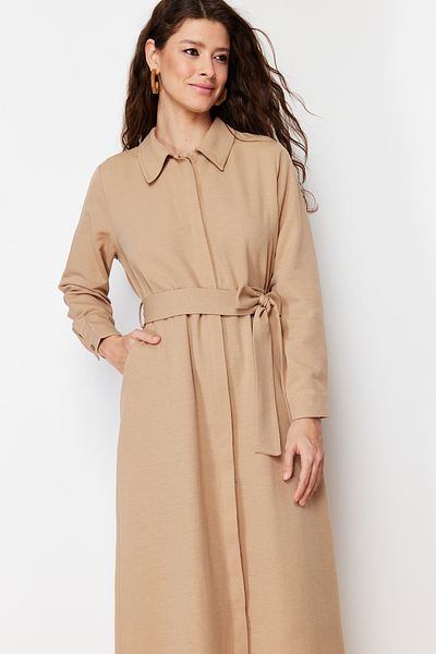 Trendyol Modest Φόρεμα με ανοιχτό μπεζ λινό look TCTSS24EB00114