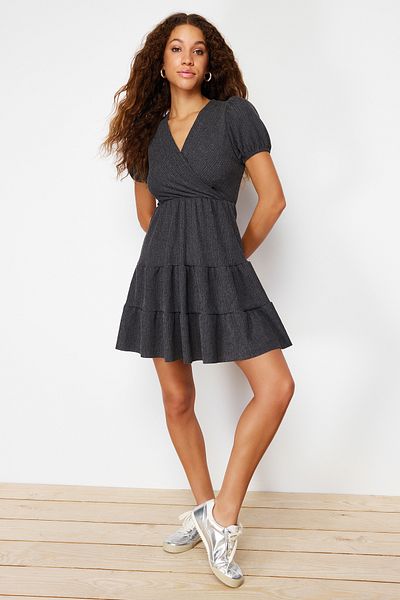 Trendyol Collection Anthracite Textured Fabric - Plain Mini Balloon Sleeve Skater Dress Twoss24el00471