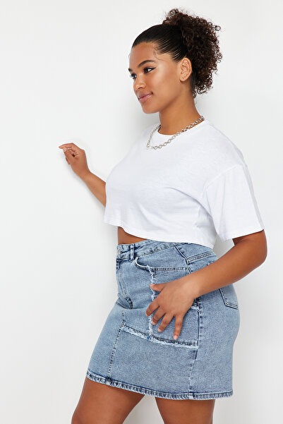 Trendyol Curve Светлосиня мини дънкова пола с шевове и пискюли TBBSS24AZ00018