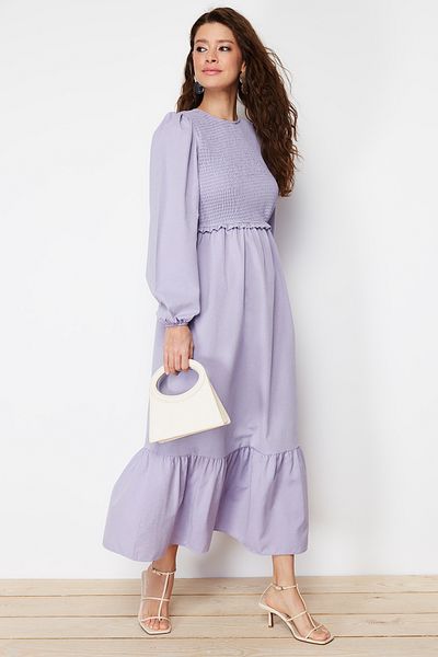 Trendyol Modest Lila Gipe részletes legénynyakú szőtt ruha TCTAW22EB0109