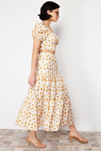 Trendyol Collection Beige Brode and Embroidery Detailed Flared Maxi Length Woven Skirt TWOSS24ET00068