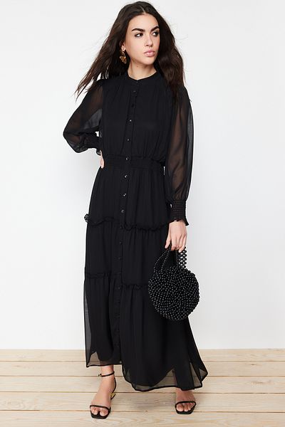 Trendyol Modest Černé rukávy a lem pasu Detailně podšité šifonové tkané košilové šaty TCTSS24EB00046
