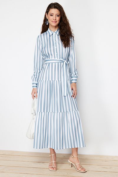 Trendyol Modest Μπλε πουκάμισο φόρεμα με ντεγκραντέ ρίγες και ζώνη - TCTSS24EB00150