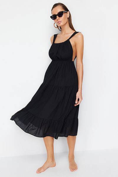Trendyol Collection Black Maxi Woven Gathered 100% Cotton Beach Dress TBESS24EL00043