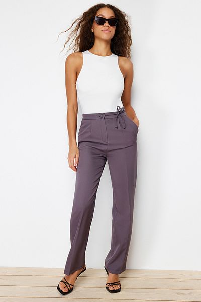 Trendyol Collection Gray Straight/Straight Cut Woven Waist Tie Detailed Trousers TWOSS24PL00059