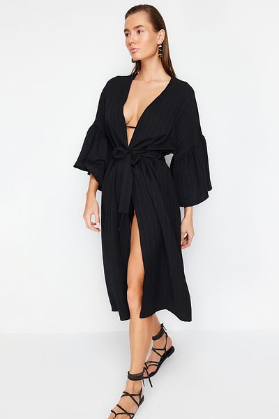 Trendyol Collection Black Belted Maxi Woven Flounce Linen Blend Kimono & Kaftan TBESS23KM00028