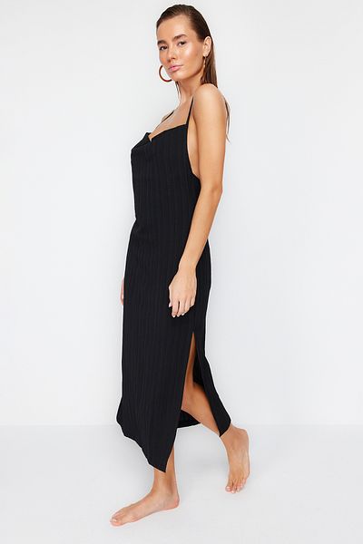 Trendyol Collection Schwarzes Maxi-Strandkleid aus gewebtem, rückenfreiem Leinengemisch TBESS24EL00070