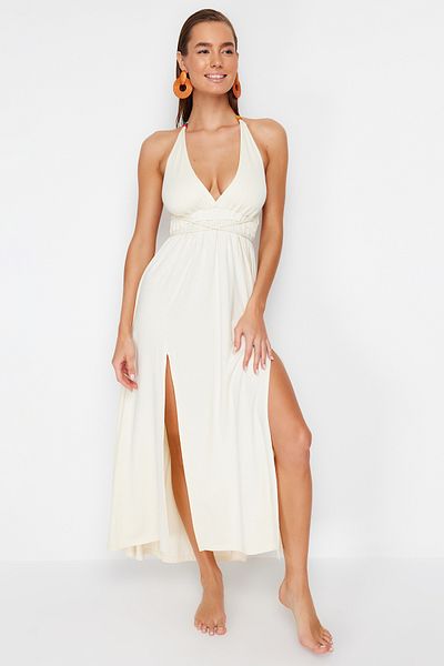Trendyol Collection Maxi Ecru gestrickt - Perlenbesetztes Strandkleid TBESS21EL2796