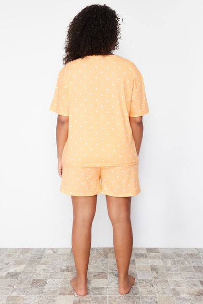 Trendyol Curve Narancssárga 100% pamut pöttyös és szív rövidnadrág kötött pizsama szett TBBSS24AI00025