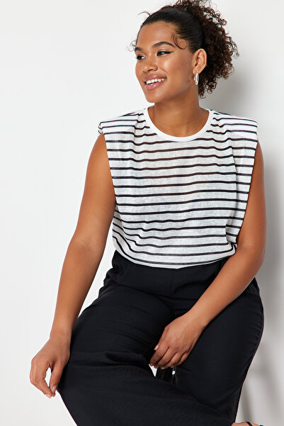 Trendyol Curve Multi-Colored Striped Transparent Knitted Linen Look Blouse TBBSS24AF00034