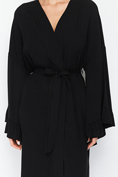 Trendyol Collection Black Belted Maxi Woven Ruffle Flared Cotton Beach Kimono&Kaftan Tbess24Km00026