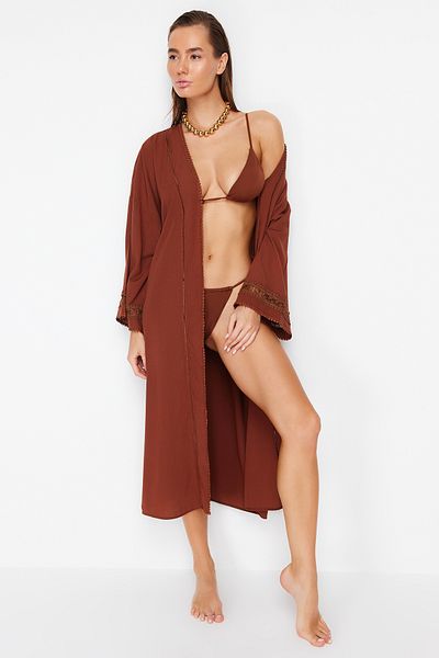 Trendyol Collection Kimono střední délky s páskem - 100% bavlna s proužkem příslušenství, na pláž TBESS21KM0008