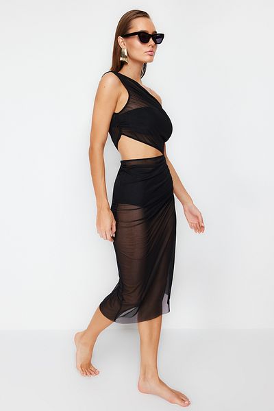 Trendyol Collection Black Fitted Maxi Knitted Cut Out/Window Mesh One Shoulder Beach Dress TBESS24EL00071