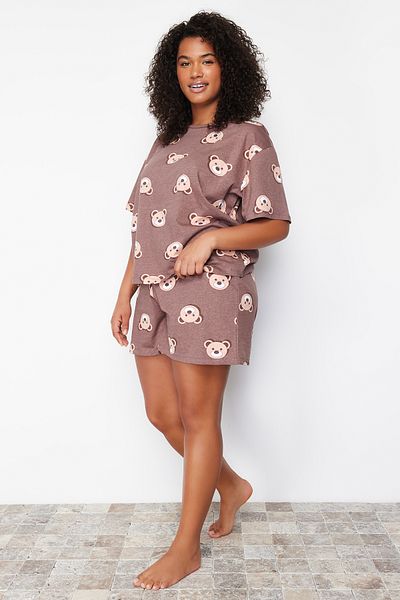 Trendyol Curve Brown Teddy Bear Printed Cotton Knitted Pajamas Set TBBSS23AI00022