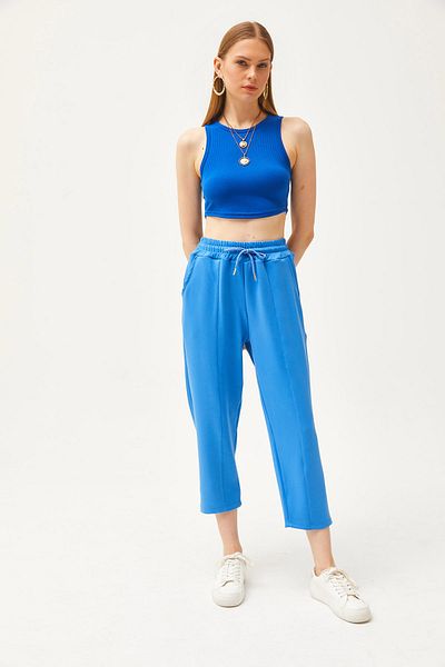Olalook Pantaloni de sport de damă, albaștri, cu cusături buzunare, cu textura moale, modal EȘF-00000069