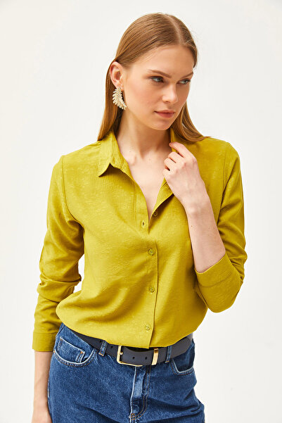 Olalook Dámská květinově olejově zelená žakárová saténová tkaná košile GML-19001173