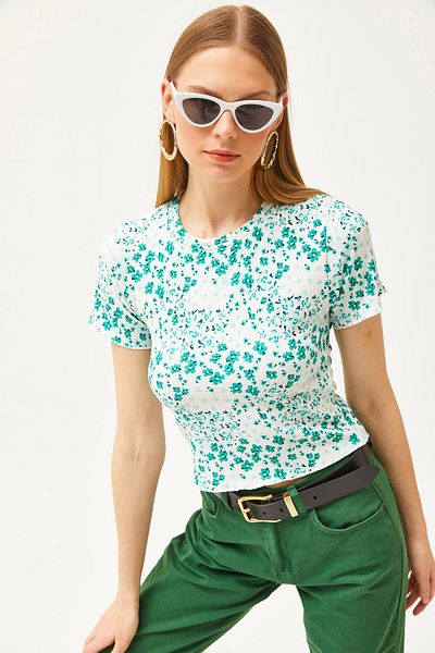 Olalook Γυναικεία Floral Grass Crew Neck Baby Overlock Crop Μπλούζα BLZ-19002510