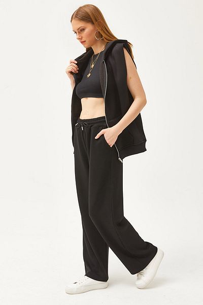 Olalook Schwarze Palazzo-Jogginghose aus weichem, strukturiertem Modal für Damen mit Taschen EŞF-00000068