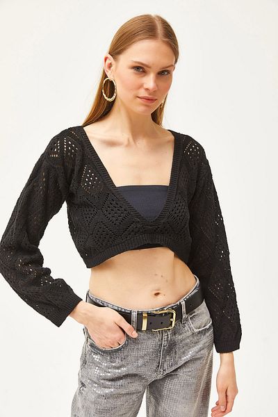 Olalook Dámská černá sezónní pletená halenka s krajkovým detailem BLZ-19002507