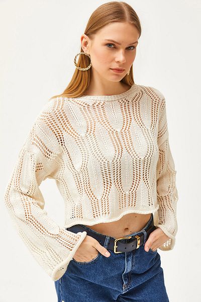 Olalook بلوزة نسائية منسوجة من القطن منقوشة برقبة دائرية من إكرو BLZ-19002495