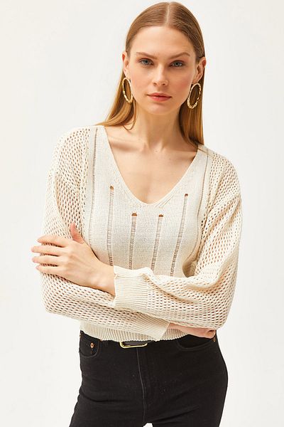 Olalook Women's Ecru V-Neck Striped Sleeve Hollowed Cotton Knit Blouse BLZ-19002497
