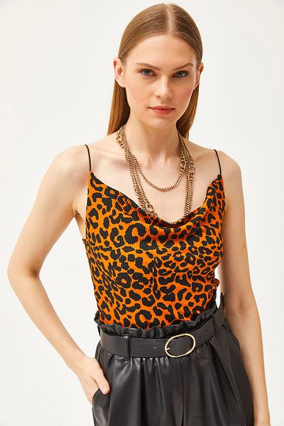 Olalook Women's Leopard Orange Degaje Collar Rope Strap Blouse BLZ-19000987