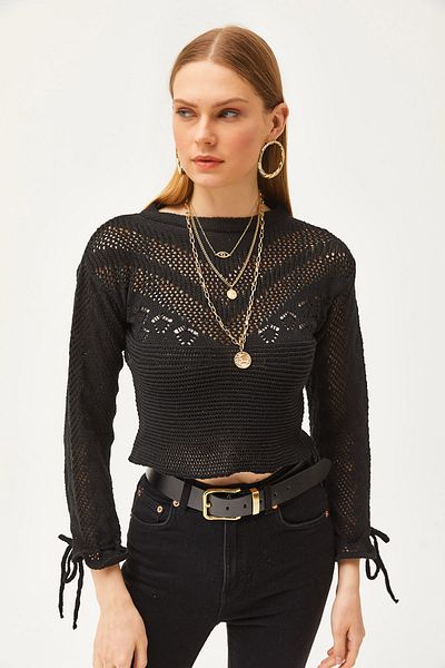 Olalook Women's Black Cuff Tie Seasonal Knitwear Blouse BLZ-19002512