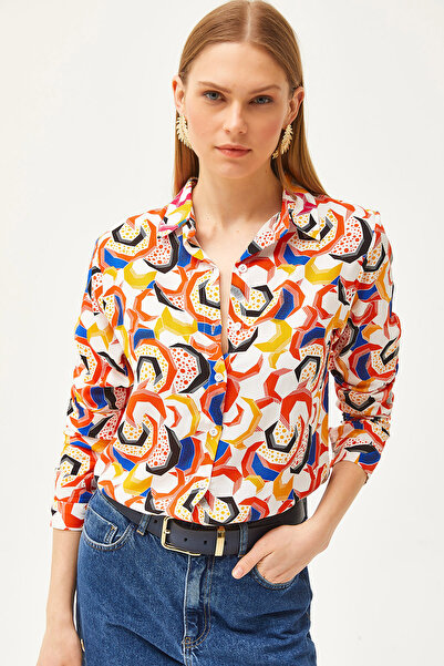 Olalook Cămașă țesută cu model geometric portocaliu pentru femei GML - 19001174