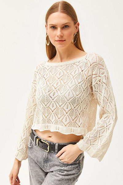 Olalook Women's Ecru Boat Neck Large Geometric Patterned Cotton Knitwear Blouse BLZ-19002491