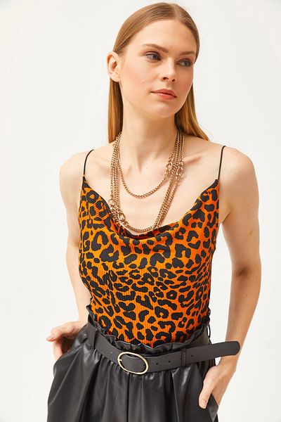 Olalook Women's Leopard Orange Degaje Collar Rope Strap Blouse BLZ-19000987