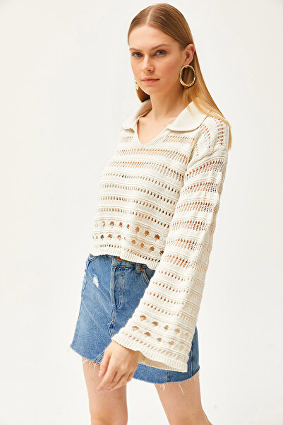 Olalook Women's Ecru Polo Neck Openwork Seasonal Knitwear Blouse BLZ-19002504