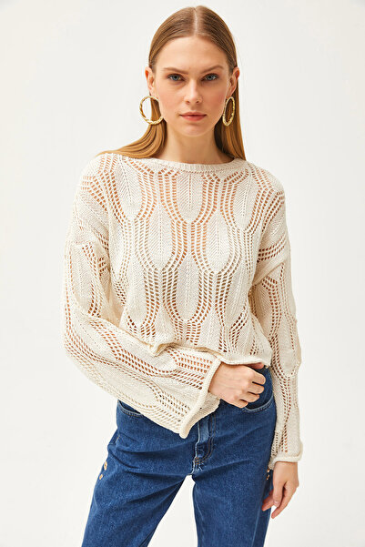 Olalook Ecrufarbene Bluse aus Baumwollstrick mit Rundhalsausschnitt und Muster für Damen BLZ-19002495