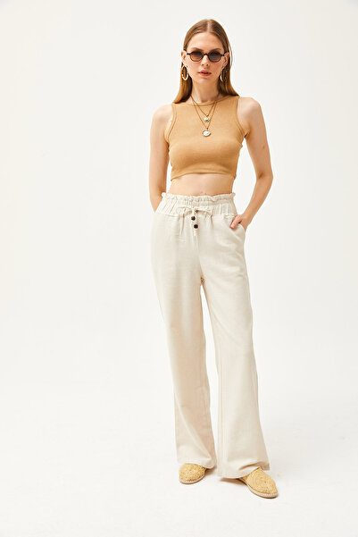 Olalook Dámské plátěné kalhoty s elastickým pasem s vysokým pasem Stone Pocket PNT-19000258