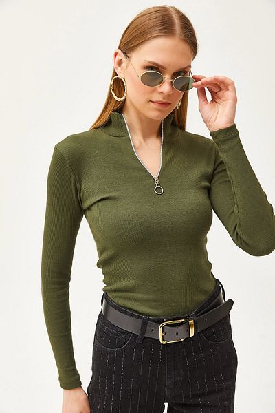 Olalook Khaki Zippered Turtleneck Lycra Blouse Blz- 19001155
