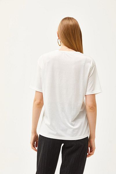 Olalook Women's Ecru Foil Detailed Flowy T-Shirt TSH-19000772