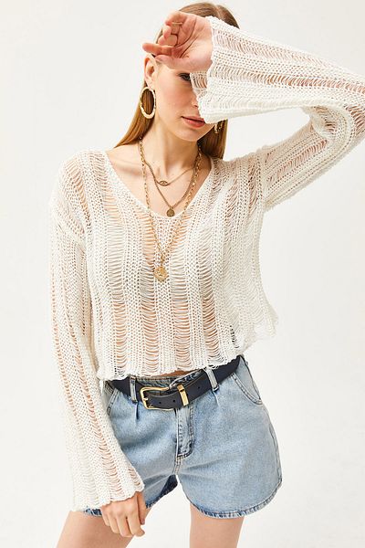 Olalook Women's Ecru V-Neck Stripe Openwork Seasonal Knitwear Blouse BLZ-19002508