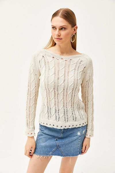 Olalook Women's Ecru Hair Weave Detailed Seasonal Knit Blouse BLZ-19002511