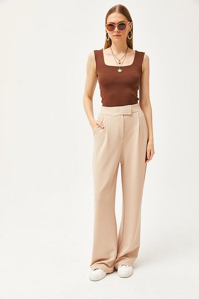 Olalook Beige Palazzo-Hose mit Klettverschluss in der Taille für Damen PNT-19000254