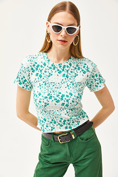 Olalook Γυναικεία Floral Grass Crew Neck Baby Overlock Crop Μπλούζα BLZ-19002510