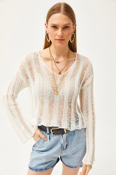 Olalook Women's Ecru V-Neck Stripe Openwork Seasonal Knitwear Blouse BLZ-19002508