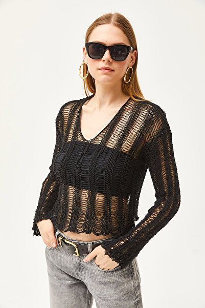 Olalook Kadın Siyah V Yaka Şerit Ajurlu Mevsimlik Triko Bluz BLZ-19002508