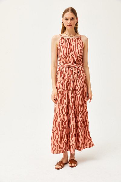 Olalook Damenkleid aus gewebter Viskose mit Zebramuster und Lachsrosa-Neckholder und Gürtel ELB-19001548