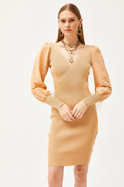 Olalook Rochie de tricot mini pentru femei, cu mâneci din spumă de miere, festonată, cu piept dublu, ELB-19001812