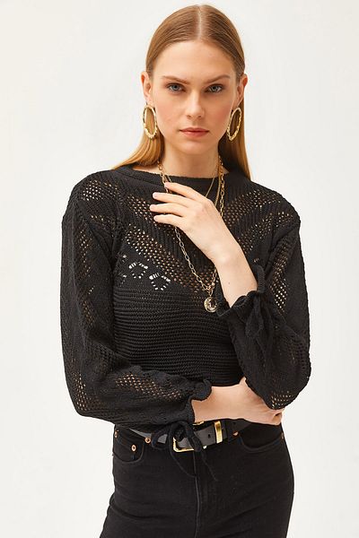 Olalook Women's Black Cuff Tie Seasonal Knitwear Blouse BLZ-19002512