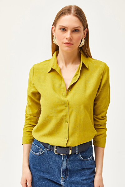 Olalook Dámská květinově olejově zelená žakárová saténová tkaná košile GML-19001173