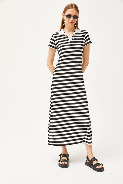 Olalook Schwarzes Lycra-Kleid mit Polokragen und Streifen für Damen ELB-19002045